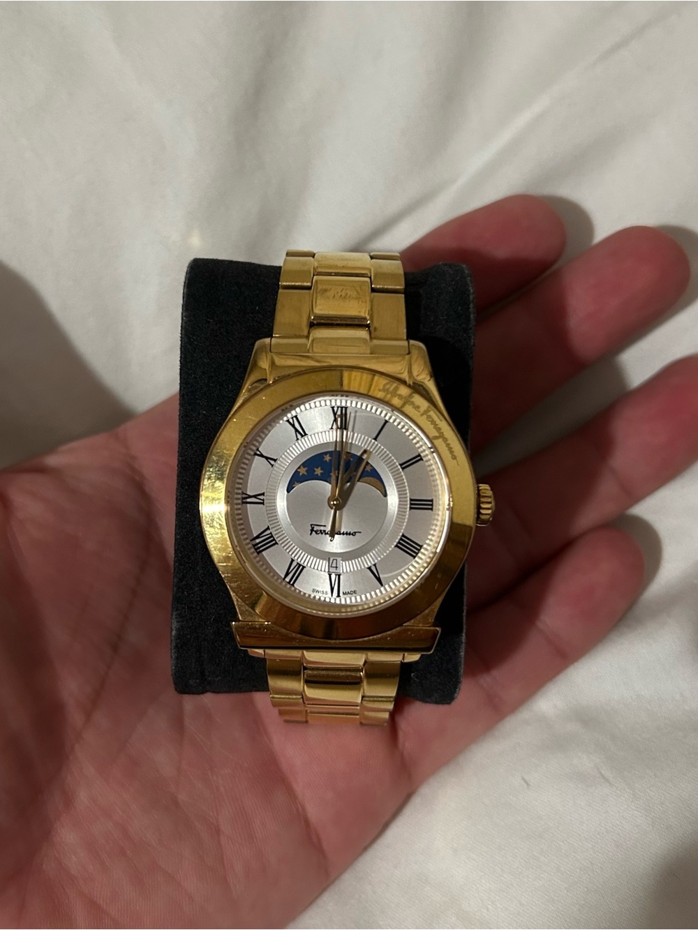 Salvatore Ferragamo Gold Tone Men’s Moonphase Watch with Silver Dial